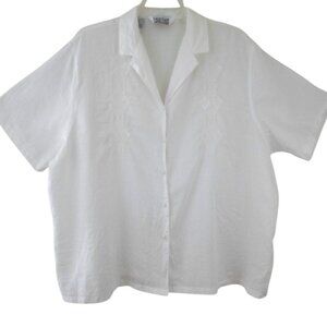 Vintage Carlie's Court Ivory White Linen Blouse Short Sleeve Button Front